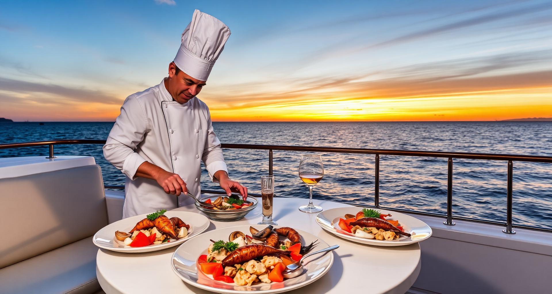 Chef plating a fresh seafood dinner on deck at sunset