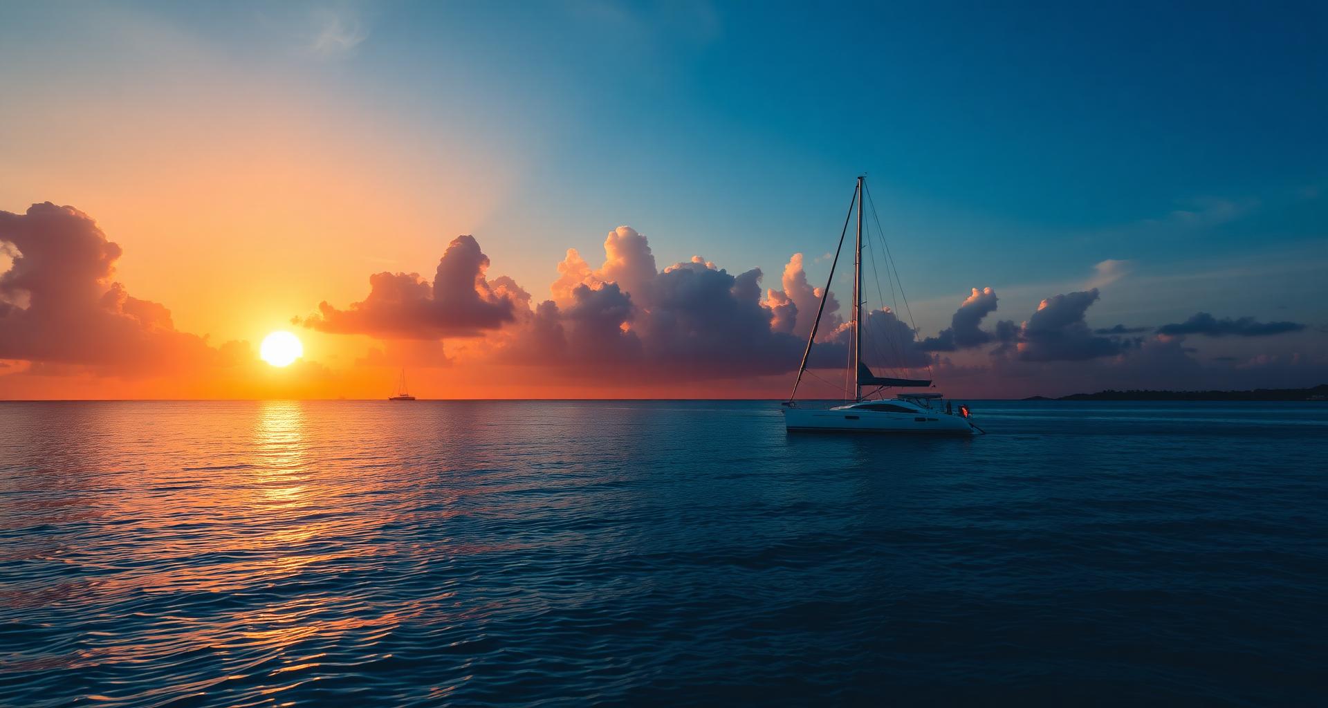 Sailing yacht at anchor during a Caribbean sunset